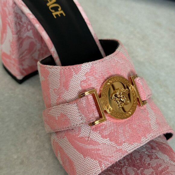 VERSACE Women's Medusa Mule Jacquard Pink Fabric Sandals heels, Sz. 41 - Picture 11 of 14
